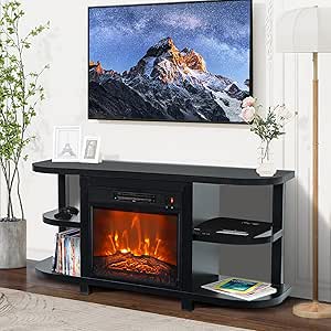 48" TV Stand with 18" Electric Fireplace Heater, Modern TV Stand for TVs up to 55", Entertainment Media Stand with Open Shelves and Storage Cabinets for Living Room, Bedroom (Black)