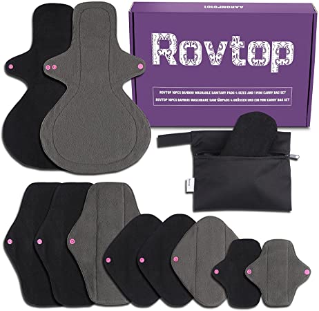 Rovtop 10 Pcs Reusable Sanitary Pads, Washable Black Cloth Menstrual Pads/Menstrual Towel/Sanitary Napkins with Bamboo Charcoal Absorbent Layer, 4 Size Replace and 1 Mini Waterproof Portable Bag