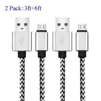 Micro USB Cable , COOME 3ft 6ft High Speed Nylon Braided USB 2.0 Sync Data Charging Charge Cord Wire for Samsung Android Smartphones Pack of 2 White