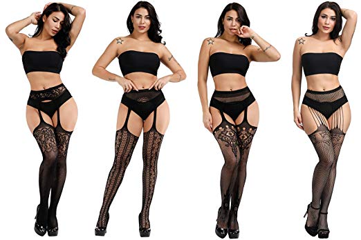 Womens Fishnet Tights Suspender Pantyhose Thigh-High Stockings Black Lace Garter Belt Stockings for Ladies 4 Pairs