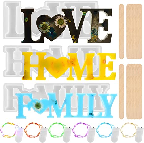 Love Home Family Moulds Silicone Resin Molds with 10 Stir Stick and 6 Copper Wire Light Warm Fairy String Light, Epoxy Family Word Sign Molds for DIY Crafts Home Decorations Making