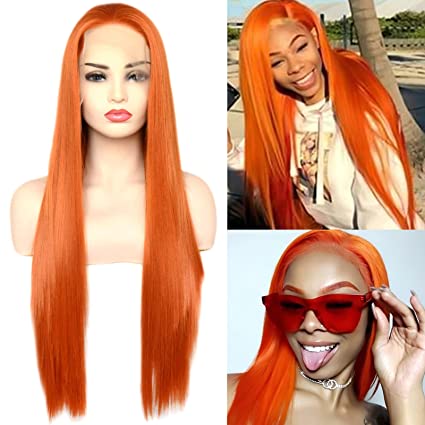 BLUPLE Orange Synthetic Lace Front Wigs Silk Straight High Temperature Fiber Hair Wigs for Women Party Show (22 inches, Straight,Orange Color)