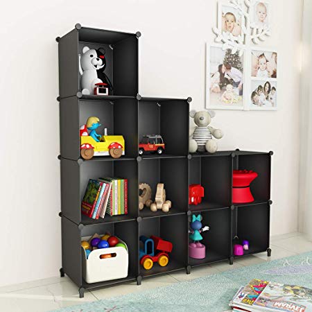 SIMPDIY Portable Storage Organizer Plastic Cubes Sturdy Bookshelf 12 Cubes Black Multi-function Space-saving Shelves Plastic Sheves Rack