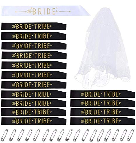 Bride Tribe Bachelorette Party Sash Set: 1 Bride To Be Sash, 15 Bride Tribe(Maid Of Honor Sash), 1 Cascading Veil, 17 Pcs Wedding Decorations Kit For Bridal Shower, Engagement Party Favors & Supplies