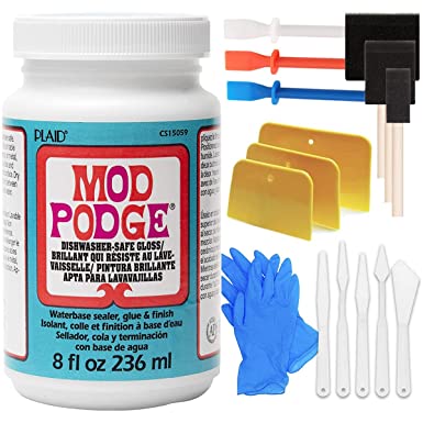 Mod Podge Waterbased Dishwasher Safe Sealer, Glue and Finish for Paper (8-Ounce), Pixiss Accessory Kit with Glue Spreaders, Gloves, Brushes, Palette Knife Set