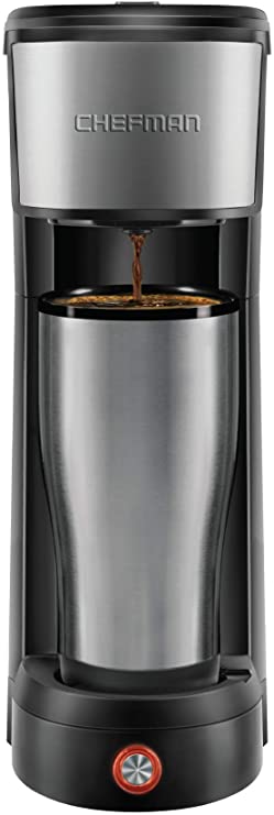 Chefman InstaCoffee Single Serve Coffee Maker Brews in 30 Seconds Compatible with K-Cup Pods, Grounds & Loose-Leaf Tea w/Reusable Filter, Compact 14 oz, Black/Stainless Steel, Mug Not Included