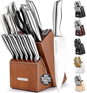 Zulay 15 Piece Stainless Steel Knife Set with Block and Sharpener - Sharp Knife Block Set with Built In Sharpener - Kitchen Knife Set With Block - Rust Proof Knife Set Stainless Steel