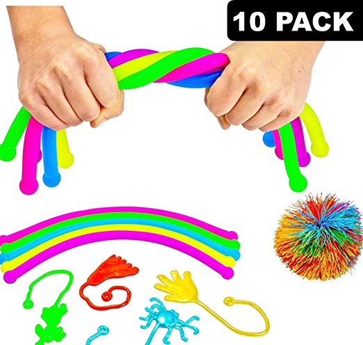 Stretchy String Fidget Sensory Toys Pack (10 Pack) Squishy Koosh Ball & Monkey Noodle Sensory Fidget Stretch Toy   Stretchy Noodles Figit Toys - Best Sensory Toys for Autistic Children