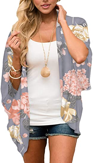 BB&KK Women's Floral Kimono Cardigans Chiffon Casual Loose Open Front Cover Ups Tops