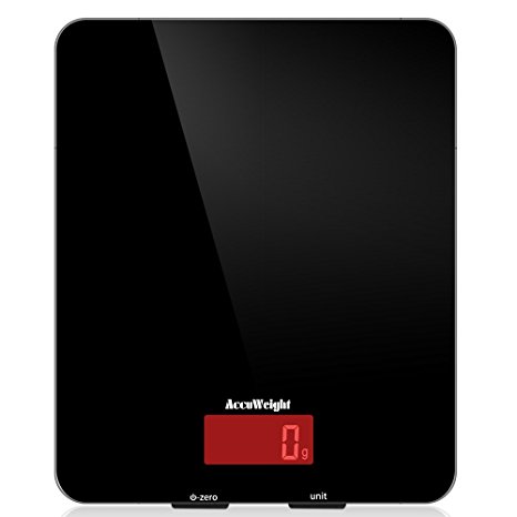 Accuweight Digital Kitchen Cooking Scale, 11lb/5kg, Electronic Tempered Glass Kitchen Food Scale, Weighing Scales with Larger Platform and Backlit LCD, Slim Design, Black, Batteries Included