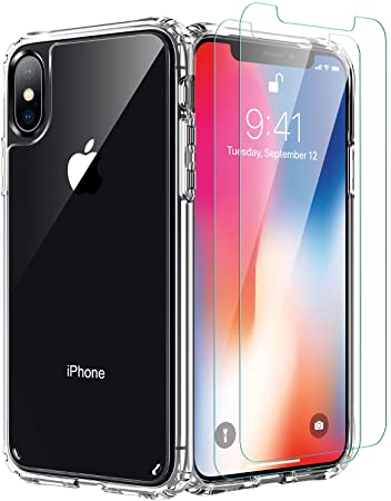 iPhone X | iPhone Xs Case,[Airbag Series] with [2X Tempered Glass Screen Protector] [ Military Grade ] | 15Ft. Drop Tested [Scratch-Resistant] Wireless Charging for Apple iPhone X/Xs 5.8''- Clear