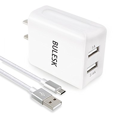 BULESK USB Wall Charger, 24W 3.4A Dual Port USB Travel Wall Charger Adapter with 6ft Micro USB Cable Charging Cord for Samsung Galaxy S7 Edge/S7/S6/S4/S3,Note 5/4/3 Silver