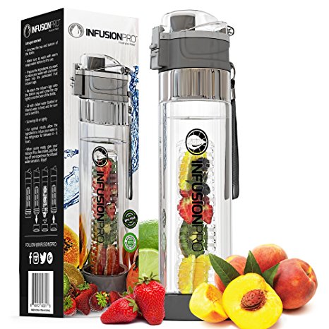 Infusion Pro Water Infuser – 24 oz Fruit Infused Water Bottle | Premium Leak Proof Tritan Plastic with Bottom Infusing Design | Flip Top Locking Spout with Neoprene Insulated Sleeve & Strainer