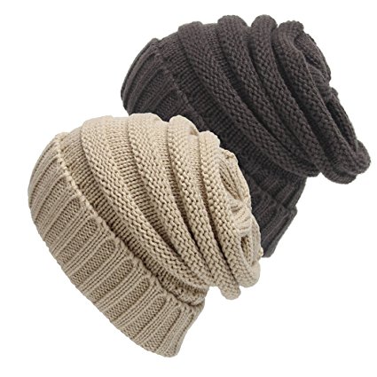 2 Pack of Trendy Warm Chunky Soft Stretch Cable Knit Slouchy Beanie Skully Hat Cap