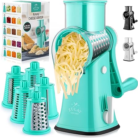 Rotary Cheese Grater with Handle & Upgraded Suction Base - Cheese Shredder with 5 Interchangeable Stainless Steel Blades - Multifunctional Vegetable Cutter & Nut Grinder with Blade Storage Box (Teal)