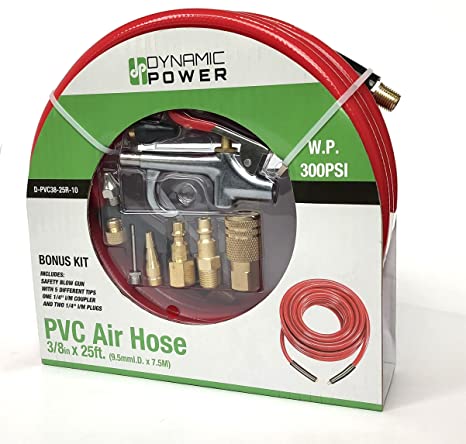Dynamic Power Rubber/PVC Air Hose 3/8 x 25'/50' (9.5mmI.D X 15M) Bonus Kit with 5 Different Tips, One 1/4 I/M Coupler and Two 1/4 Plugs (RED) (Air Hose 3/8 x 25')