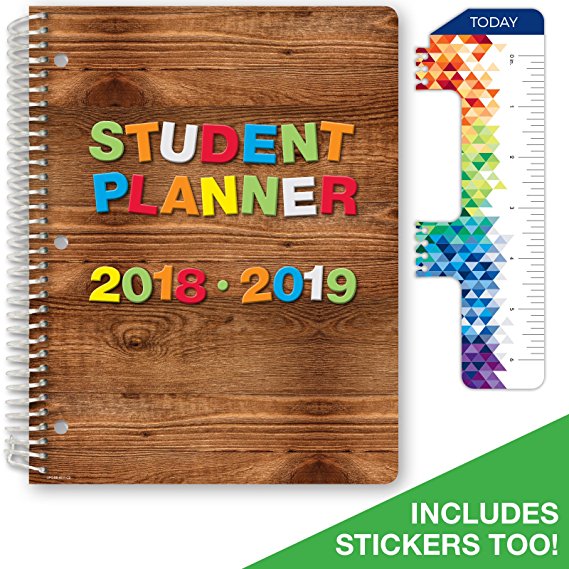 Dated Elementary Student Planner for Academic Year 2018-2019 (Block Style - 8.5"x11" - Wood Letters Cover) - Bonus Ruler/Bookmark and Planning Stickers