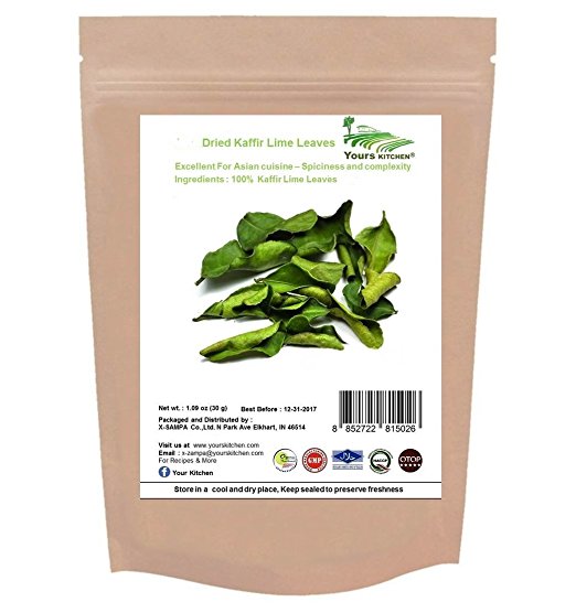 Yours Kitchen Premium Dried Kaffir Lime Leaves, Super Dry and Extremely Aromatic, Use to Cook many Asia Dishes, From Soups and Salads to Curries and Stir-Fried Dishes (1.09 Ounce)