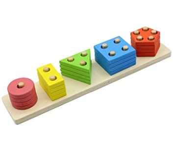 MoTrent Wooden Educational Preschool Shape Color Recognition Geometric Sorting Board Blocks Stack and Sort Chunky Puzzle Toys for Kids Children Toddler Boy Girl