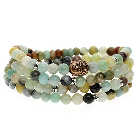 AmorWing Tibetan Buddha Head 108 6mm Amazonite Bead Rosary Prayer Mala Bracelet