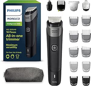 Philips Norelco Multigroom Series 5000, All-in-One Trimmer and Hair Clipper, 18-Piece Men's Grooming Kit for Beard, Face, Nose, Ear and Intimate Areas, No Blade Oil Needed, Toiletry Bag, MG5970/49