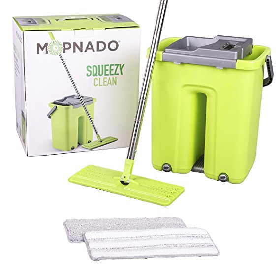 Squeezy Clean Self Cleaning flat mop system by Mopnado with 2 Washable Microfiber Mop Heads