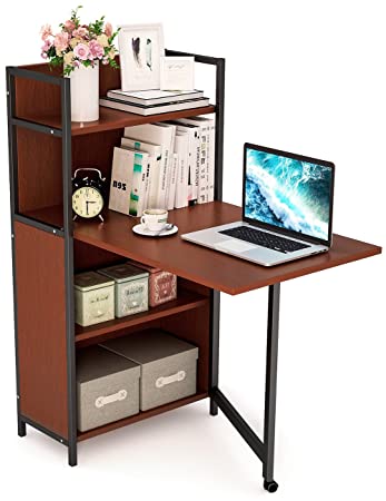 Tribesigns Small Folding Computer Desk with Storage Shelves, Foldable PC Laptop Study Table Writing Desk with Hutch for Small Space (Black Teak)