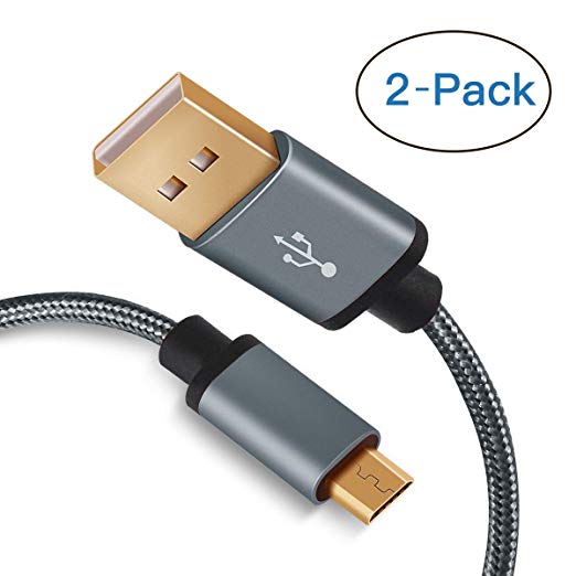 [2-Pack] Benicabe 6ft / 1.8m Nylon Braided Tangle-Free Micro USB Cable with Gold-Plated Connectors and Velcro Straps for Samsung Galaxy S7 Edge/ S7 S6 Note 5, Nexus, Android Charger and More (Gray)