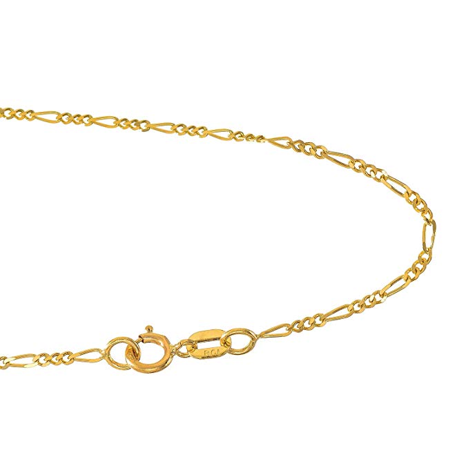 JewelStop 14k Solid Yellow Gold 1.3 mm Figaro Chain Anklet, Spring Ring Clasp - 10"