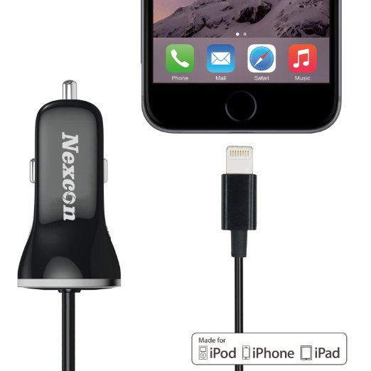 Car Charger Nexcon Apple MFi Certified 34A Lightning Car Charger with 33ft Integrated Built-in Apple 8-Pin Cable For iPhone 6s  6 Plus 5SE 5S iPad Pro Air 2 mini 43 iPod 5 iPod Nano Black
