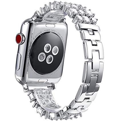 FanTEK Band for Apple Watch 38mm, Luxury Crystal Bling Rhinestone Diamond Bracelet Strap, Adjustable Stainless Steel Replacement Band Compatible with iWatch 38mm Series 3 Series 2 Series 1 Silver