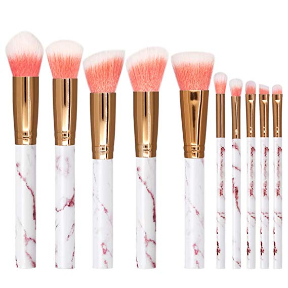 Marble Pattern Pink Makeup Brush Nevsetpo Premium Synthetic Foundation Eyeshadow Contour Face Kabuki Make up Brushes Set for Girls (Marble Pink)