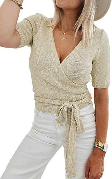 Asvivid Womens Short Sleeve Sweaters Crop Tops Sexy Wrap V Neck Shirt Knit Sweater Blouse with Belt
