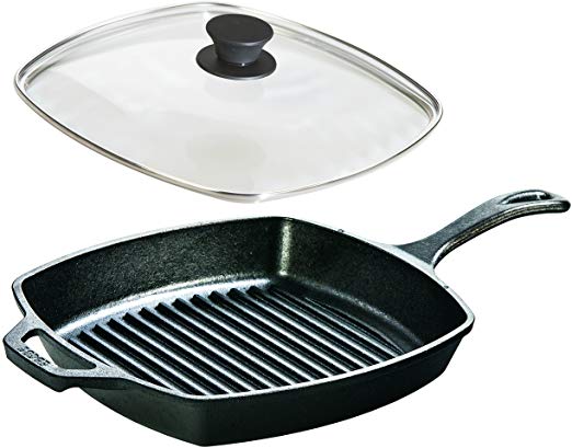 Lodge Seasoned Cast Iron Cookware Set - Square Grill Pan with Square Tempered Glass Lid (10.5 Inch)