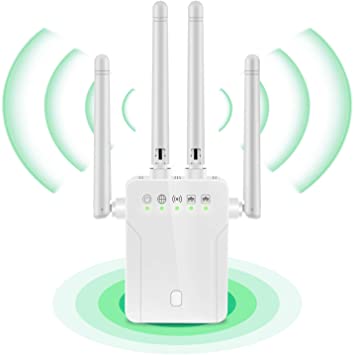 1200Mbps WiFi Booster Range Extender, 2.4 & 5GHz Dual Band WPS Wireless Signal Repeater 4 Antennas 360° Full Coverage, Extend WiFi Signal to Smart Home & Alex Devices