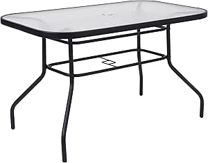 Flash Furniture Tory Commercial Grade Patio Table with Tempered Glass Umbrella Hole and Steel Tube, 27.5" W x 47.25" L, Clear Top/Black Frame