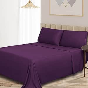 Superior Rayon from Bamboo 300 Thread Bed Sheet Set, 1 Elastic Deep Pocket Fitted Sheet, 1 Flat Sheet, 1 Pillowcase, Luxury, Soft Sheets, Sateen Weave, Bedding Essentials, Twin XL, Purple