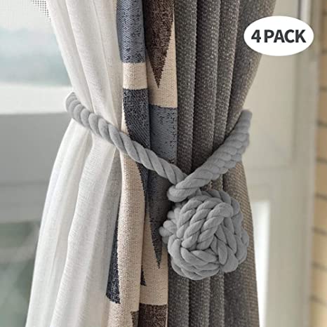 Reepow 4 Pack Curtain Tiebacks for Blackout Curtains and Window Sheer, Handmade Cotton Rope Tiebacks with Single Ball (2 Pairs, Grey)