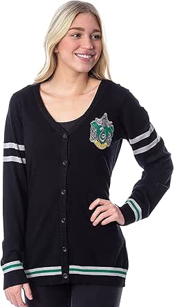 Harry Potter Womens' Slytherin House Crest Open Front Cardigan Juniors Knit Sweater