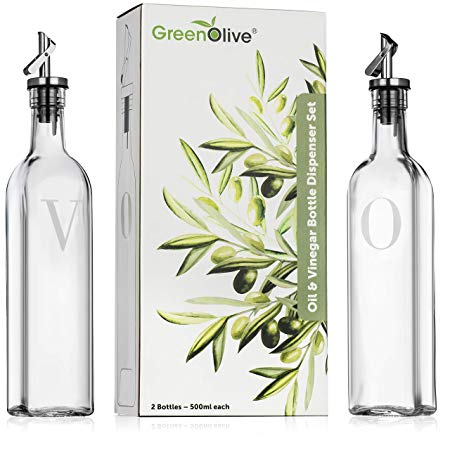 Olive Oil and Vinegar Dispenser Set - 500 ml Perfect Glass Vinegar and Olive Oil Dispenser Bottles with Stopper for Cooking BPA Free Gravity Spout