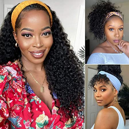 Headband Wig Water Wave Human Hair Wigs for Black Women None Lace Front Wigs Curly Machine Made Wigs Natural Color 150% Density 16inch