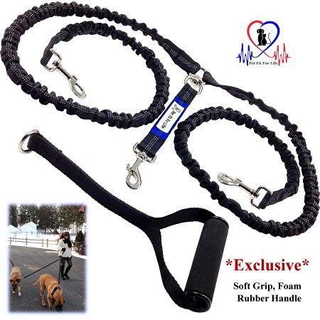 Pet Fit For Life 72" Premium Dual Dog Leash With Comfortable Soft Grip Foam Rubber Handle And Integrated "Shock Absorbing Bungee"