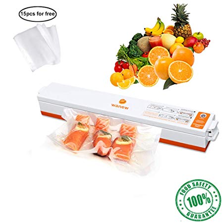 Wanew Upgrade Vacuum Sealer Automatic FoodSaver Sealing System -15 Food Sealer Bags for Food Preservation/Starter Kit | Lightweight Design | Dry & Moist Food Modes | Led Indicator (Orange-White)