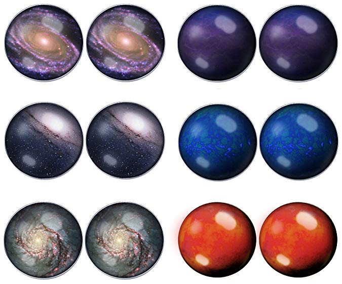 LilMents 6 Pairs Solar System Galaxy Universe Unisex Mens Womens Stainless Steel Stud Earrings