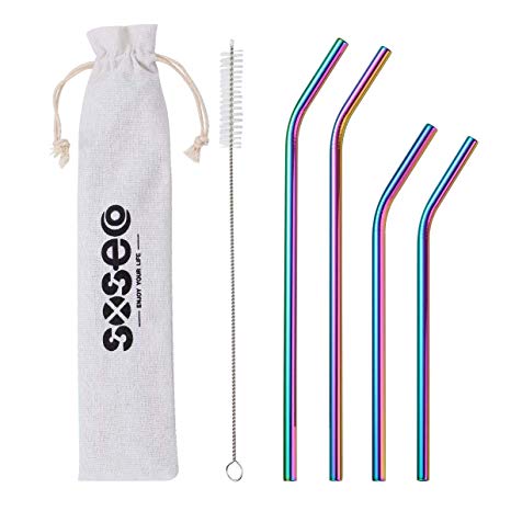 Reusable Metal Straws for Drinks 4 Set Stainless Steel Straws 0.32in Rainbow Color with Travel Case | Cleaning Brush Eco Friendly Extra Long for 20 30 oz Fit Yeti Tervis Rtic Tumbler