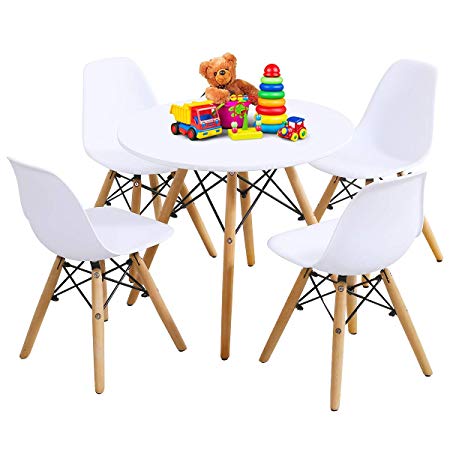Costzon Kids Table and Chair Set, Kids Mid-Century Modern Style Table Set for Toddler Children, Kids Dining Table and Chair Set, 5-Piece Set (White, Table & 4 Chairs)