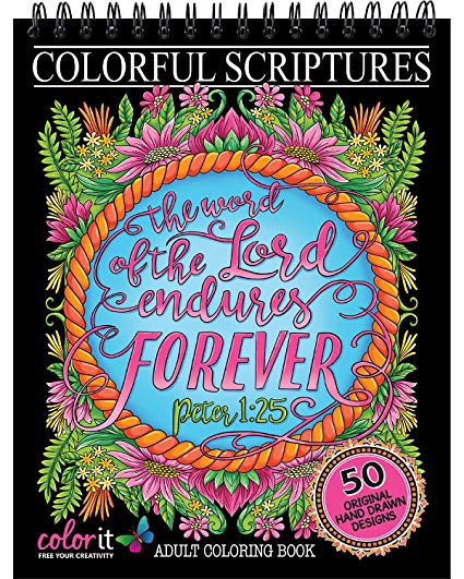 Colorful Scriptures Christian Adult Coloring Book - Features 50 Original Hand Drawn Biblical Designs Printed on Artist Quality Paper, Hardback Covers, Spiral Binding, Perforated Pages, Bonus Blotter