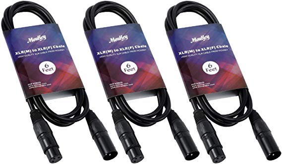 Moukey 6 Feet XLR Cable Male to Female Cord 6ft Microphone Cables 3-Pack for Audio Black