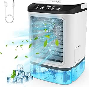 Portable Air Conditioners, SmileGft Evaporative Air Cooler with 900ml Large Water Tank & Icebox, 3 Speed & Boost Mode, Dual Mist Spray & 7 Color Light, Personal Air Conditioner for Bedroom Office Desk