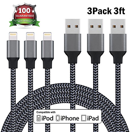 Xcords iPhone Charger Cable 3Pack 3FT Nylon Braided Lightning Charging Cord Compatible with iPhone X/ 8/ 8 Plus/ 7/ 7 Plus/ 6/ 6 Plus/ 6S/ 6S Plus/ SE/ 5S/ 5, iPad iPod and More (Black)